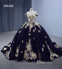 Vintage Navy Blue Velvet Ball Gown Wedding Dresses Gold Lace Appliqued Quince Dress 231131