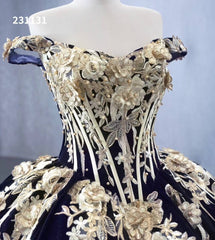 Vintage Navy Blue Velvet Ball Gown Wedding Dresses Gold Lace Appliqued Quince Dress 231131