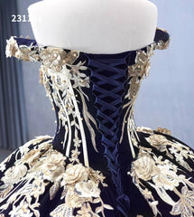 Vintage Navy Blue Velvet Ball Gown Wedding Dresses Gold Lace Appliqued Quince Dress 231131