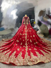 Vintage Red Gold Cathedral Wedding Dresses Long Sleeves 66949