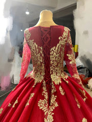 Vintage Red Gold Cathedral Wedding Dresses Long Sleeves 66949