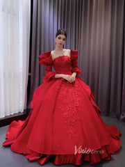 Vintage Red Satin Ball Gown Wedding Dresses Extra Long Sleeves Princess Dress 231122
