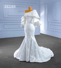 Vintage Satin Mermaid Wedding Dresses Ruffle Sleeves 222165