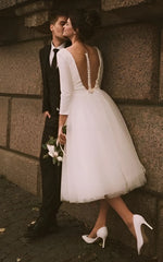 Vintage Short Casual Simple Long Sleeve A-line Tea-length Plunging Neckline Satin Wedding Dress