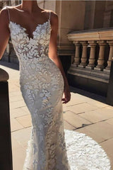 Vintage Spaghetti Strap Mermaid Lace Appliques Boho Wedding Dress