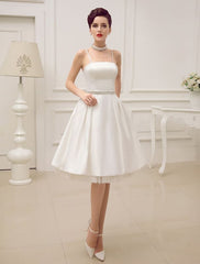 Vintage Spaghetti Straps Backless Satin Short Wedding Dress With Pearls At Waist Exclusive
