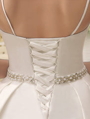 Vintage Spaghetti Straps Backless Satin Short Wedding Dress With Pearls At Waist Exclusive