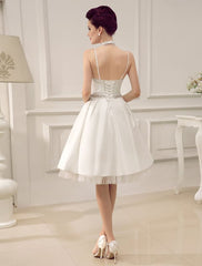 Vintage Spaghetti Straps Backless Satin Short Wedding Dress With Pearls At Waist Exclusive