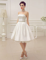 Vintage Spaghetti Straps Backless Satin Short Wedding Dress With Pearls At Waist Exclusive