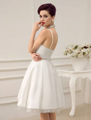 Vintage Spaghetti Straps Backless Satin Short Wedding Dress With Pearls At Waist Exclusive