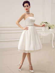 Vintage Spaghetti Straps Backless Satin Short Wedding Dress With Pearls At Waist Exclusive