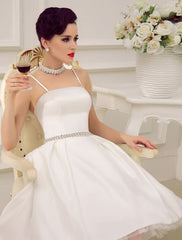 Vintage Spaghetti Straps Backless Satin Short Wedding Dress With Pearls At Waist Exclusive