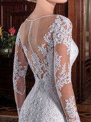 Long Sleeve Vintage Wedding Bridal Dress Sheath Illusion Neck Lace Applique Wedding Dresses With Train