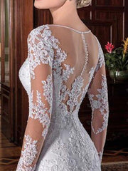 Long Sleeve Vintage Wedding Bridal Dress Sheath Illusion Neck Lace Applique Wedding Dresses With Train
