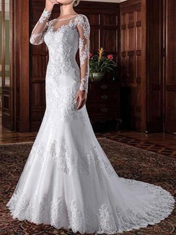 Long Sleeve Vintage Wedding Bridal Dress Sheath Illusion Neck Lace Applique Wedding Dresses With Train