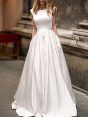 Vintage Wedding Dress A Line Bateau Neck Sleeveless Satin Bridal Dress