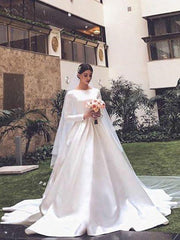 Long Sleeves Vintage Wedding Dress Jewel Neck Satin Chapel Train Pleated Bridal Dress