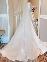 Long Sleeves Vintage Wedding Dress Jewel Neck Satin Chapel Train Pleated Bridal Dress