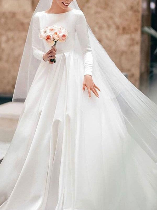 Long Sleeves Vintage Wedding Dress Jewel Neck Satin Chapel Train Pleated Bridal Dress