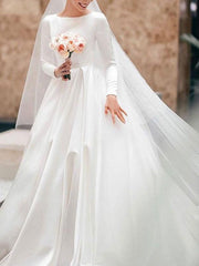 Long Sleeves Vintage Wedding Dress Jewel Neck Satin Chapel Train Pleated Bridal Dress