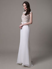 Vintage Lace Wedding Dress Chiffon Bateau Illusion Sheath Bridal Dress