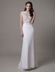 Vintage Lace Wedding Dress Chiffon Bateau Illusion Sheath Bridal Dress