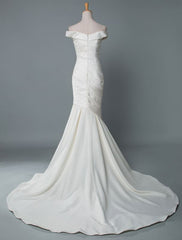 Vintage Wedding Dress Mermaid Off The Shoulder Sleeveless Pleated Satin Fabric With Train Traditional Dresses For Bride