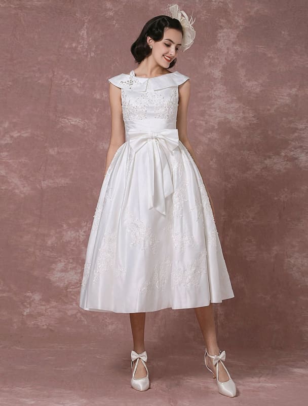 Vintage Wedding Dress Satin Short Bridal Gown Lace Beading Tea Length Reception Bridal Dress Detachable Bow Sash Exclusive