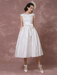 Vintage Wedding Dress Satin Short Bridal Gown Lace Beading Tea Length Reception Bridal Dress Detachable Bow Sash Exclusive