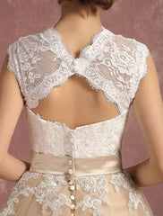Vintage Wedding Dress Short Champagne Lace Applique Bridal Gown Queen Anne Neck Keyhole Bridal Dress Tea Length Exclusive