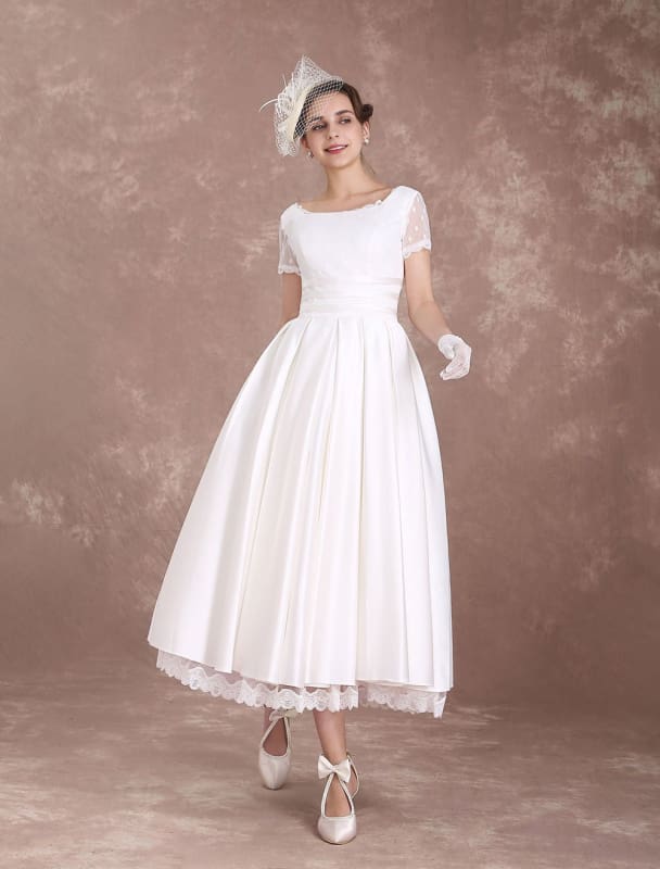 Vintage Wedding Dress Short Sleeve 1950'S Bridal Dress Backless Polka Dot Lace Ivory Wedding Reception Dress