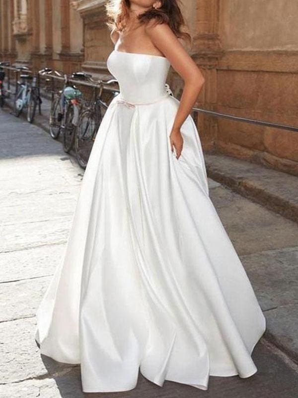 Vintage Wedding Dress Strapless Sleeveless Satin Floor Length Bows Traditional Dresses For Bride