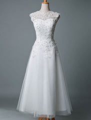 Vintage Wedding Dress Tea Length Jewel Neck Sleeveless A Line Natural Waist Tulle Short Bridal Dress Exclusive