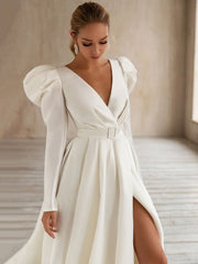 Vintage Wedding Dress White Bridal Dresses Long Sleeves Wedding Dress V Neck A Line With Train Bridal Gowns
