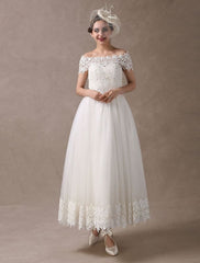Vintage Wedding Dresses 1950S Off The Shoulder Ivory Lace Short Sleeve Ankle Length Bridal Dress Exclusive