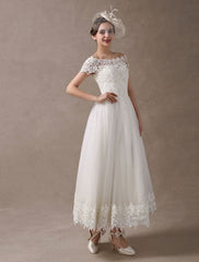 Vintage Wedding Dresses 1950S Off The Shoulder Ivory Lace Short Sleeve Ankle Length Bridal Dress Exclusive