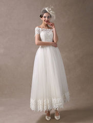 Vintage Wedding Dresses 1950S Off The Shoulder Ivory Lace Short Sleeve Ankle Length Bridal Dress Exclusive
