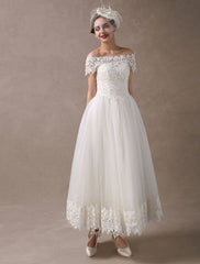 Vintage Wedding Dresses 1950S Off The Shoulder Ivory Lace Short Sleeve Ankle Length Bridal Dress Exclusive