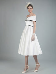 Vintage Wedding Dresses Satin Off The Shoulder A Line Tea Length Short Bridal Gowns Exclusive