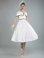 Vintage Wedding Dresses Satin Off The Shoulder A Line Tea Length Short Bridal Gowns Exclusive