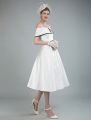 Vintage Wedding Dresses Satin Off The Shoulder A Line Tea Length Short Bridal Gowns Exclusive