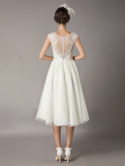 Vintage Wedding Dresses Short Lace Tulle Sequin Tea Length Ivory Bridal Dress