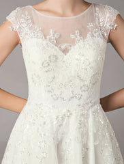 Vintage Wedding Dresses Short Lace Tulle Sequin Tea Length Ivory Bridal Dress