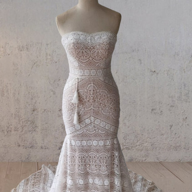 Vintage White Mermaid Lace Wedding Dress with Tassel