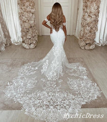 Vintage Lace White Wedding Dresses Embroidery Off the Shoulder Bridal Gown