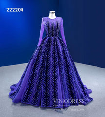 Violet Blue Ball Gowns Beaded Long Sleeve Wedding Dress 222204