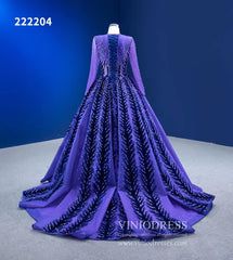 Violet Blue Ball Gowns Beaded Long Sleeve Wedding Dress 222204