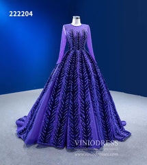Violet Blue Ball Gowns Beaded Long Sleeve Wedding Dress 222204