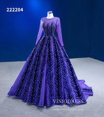 Violet Blue Ball Gowns Beaded Long Sleeve Wedding Dress 222204