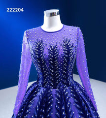 Violet Blue Ball Gowns Beaded Long Sleeve Wedding Dress 222204
